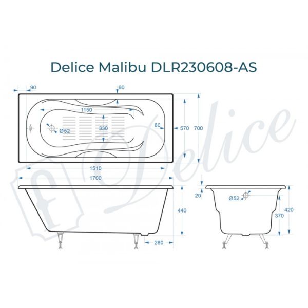 Ванна чугунная Delice Malibu DLR230608-AS 170x70 с антискользящим покрытием Ванна чугунная Delice Malibu DLR230608-AS 170x70 с антискользящим покрытием