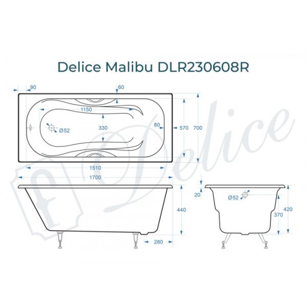 Ванна чугунная Delice Malibu DLR230608R 170x70 с отверстиями под ручки Ванна чугунная Delice Malibu DLR230608R 170x70 с отверстиями под ручки