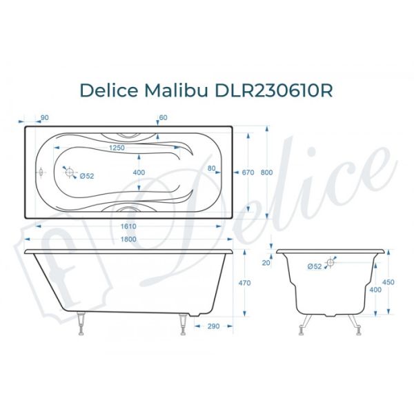 Ванна чугунная Delice Malibu DLR230610R 180x80 с отверстиями под ручки Ванна чугунная Delice Malibu DLR230610R 180x80 с отверстиями под ручки
