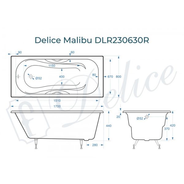 Ванна чугунная Delice Malibu DLR230630R  170х80 с отверстиями под ручки Ванна чугунная Delice Malibu DLR230630R  170х80 с отверстиями под ручки