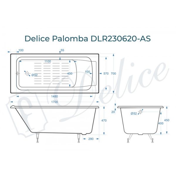 Ванна чугунная Delice Palomba DLR230620-AS 170х70 с антискользящим покрытием Ванна чугунная Delice Palomba DLR230620-AS 170х70 с антискользящим покрытием