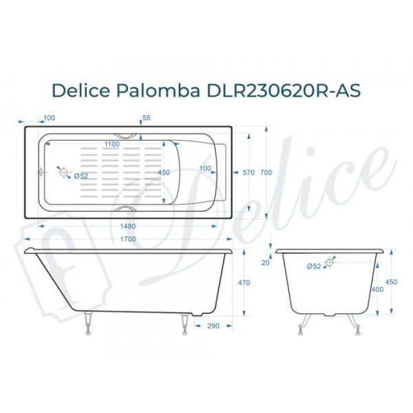 Ванна чугунная Delice Palomba DLR230620R-AS 170х70 с отверстиями под ручки и антискользящим покрытием Ванна чугунная Delice Palomba DLR230620R-AS 170х70 с отверстиями под ручки и антискользящим покрытием