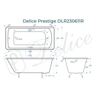 Ванна чугунная Delice Prestige DLR230611R 175x75 с отверстиями под ручки