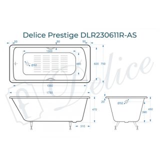 Ванна чугунная Delice Prestige DLR230611R-AS 175x75 с отверстиями под ручки и антискользящим покрытием