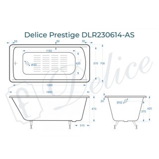 Ванна чугунная Delice Prestige DLR230614-AS 160х70 с антискользящим покрытием Ванна чугунная Delice Prestige DLR230614-AS 160х70 с антискользящим покрытием