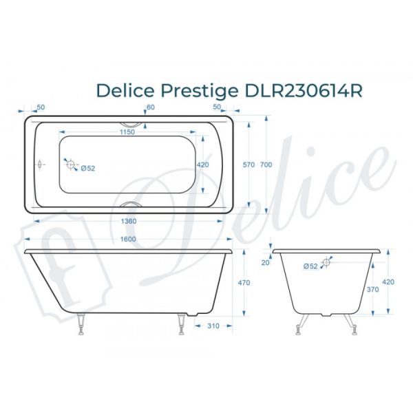 Ванна чугунная Delice Prestige DLR230614R 160х70 с отверстиями под ручки Ванна чугунная Delice Prestige DLR230614R 160х70 с отверстиями под ручки
