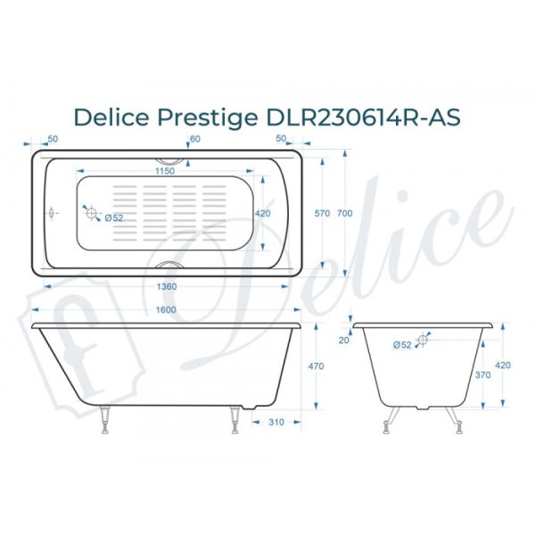Ванна чугунная Delice Prestige DLR230614R-AS 160х70 с отверстиями под ручки и антискользящим покрытием Ванна чугунная Delice Prestige DLR230614R-AS 160х70 с отверстиями под ручки и антискользящим покрытием