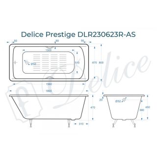 Ванна чугунная Delice Prestige  DLR230623R-AS 180х80 с отверстиями под ручки и антискользящим покрытием Ванна чугунная Delice Prestige  DLR230623R-AS 180х80 с отверстиями под ручки и антискользящим покрытием