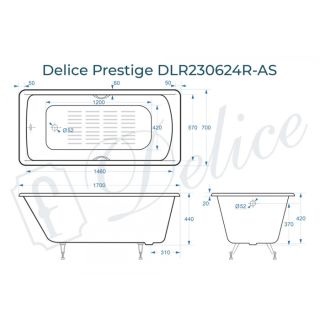Ванна чугунная Delice Prestige DLR230624R-AS 170х70 с отверстиями под ручки и антискользящим покрытием Ванна чугунная Delice Prestige DLR230624R-AS 170х70 с отверстиями под ручки и антискользящим покрытием