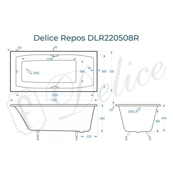 Ванна чугунная Delice Repos DLR220508RB 170х70 с черными матовыми ручками Ванна чугунная Delice Repos DLR220508RB 170х70 с черными матовыми ручками