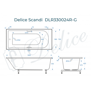 Ванна из литьевого мрамора Delice Scandi DLR330024R-G 160x70 глянцевая с ручками хром