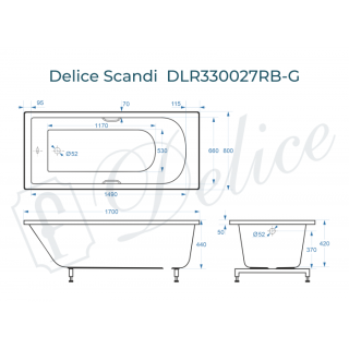 Ванна из литьевого мрамора Delice Scandi DLR330027RB-G 170x80 глянцевая с чёрными ручками