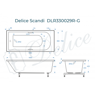 Ванна из литьевого мрамора Delice Scandi DLR330029R-G 180x70 глянцевая с ручками хром