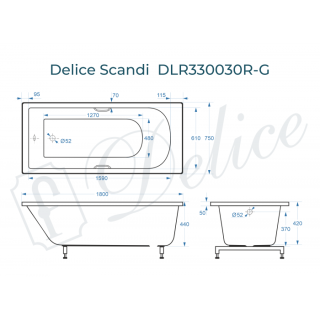 Ванна из литьевого мрамора Delice Scandi DLR330030R-G 180x75 глянцевая с ручками хром