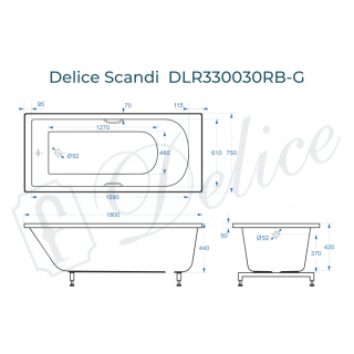 Ванна из литьевого мрамора Delice Scandi DLR330030RB-G 180x75 глянцевая с чёрными ручками