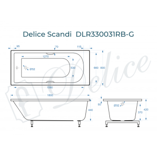 Ванна из литьевого мрамора Delice Scandi DLR330031RB-G 180x80 глянцевая с чёрными ручками
