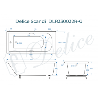 Ванна из литьевого мрамора Delice Scandi DLR330032R-G 190x80 глянцевая с ручками хром