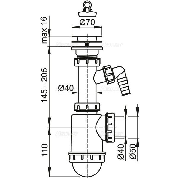 Сифон для мойки AlcaPlast c нержавеющей решеткой ?70 и подводкой A441P-DN50/40 Сифон для мойки AlcaPlast c нержавеющей решеткой ?70 и подводкой A441P-DN50/40