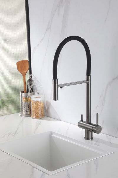 Смеситель для кухни ABBER Wasser Kreis AF81141NG с подключением фильтра и выдвижной лейкой оружейная сталь