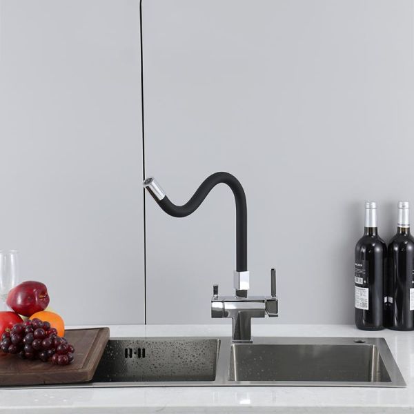 Смеситель для кухни Gappo G4395-30 с подключением фильтра питьевой воды и гибким изливом хром/чёрный