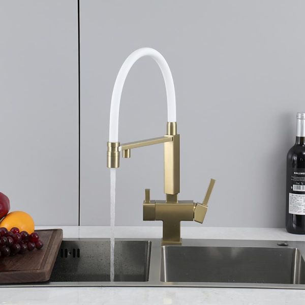 Смеситель для кухни Gappo G4395-53 с подключением фильтра питьевой воды и гибким изливом золото/белый