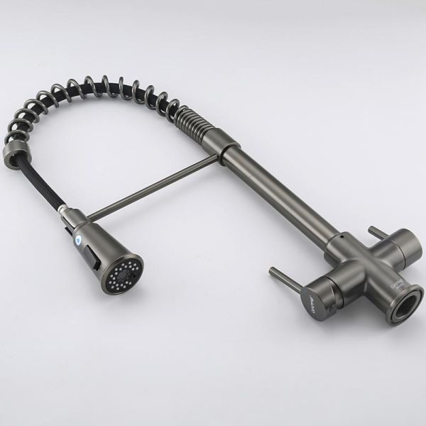 Смеситель для кухни Gappo G4398-69 с гибким выдвижным изливом и подключением фильтра питьевой воды оружейная сталь