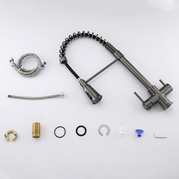 Смеситель для кухни Gappo G4398-69 с гибким выдвижным изливом и подключением фильтра питьевой воды оружейная сталь