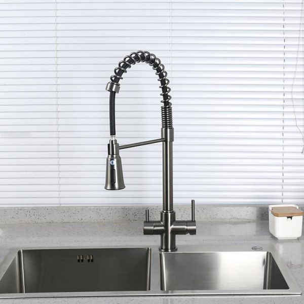 Смеситель для кухни Gappo G4398-69 с гибким выдвижным изливом и подключением фильтра питьевой воды оружейная сталь