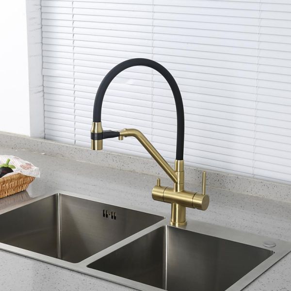 Смесители для кухни Gappo G4398-83 под фильтр с гибким изливом золото/чёрный