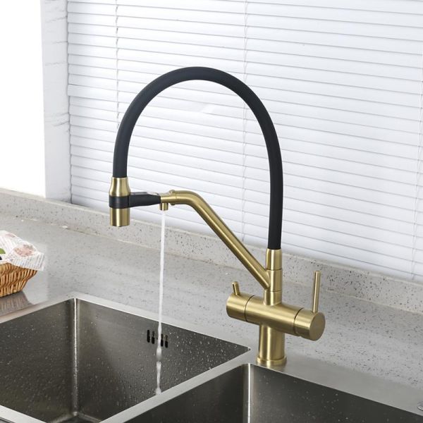 Смесители для кухни Gappo G4398-83 под фильтр с гибким изливом золото/чёрный