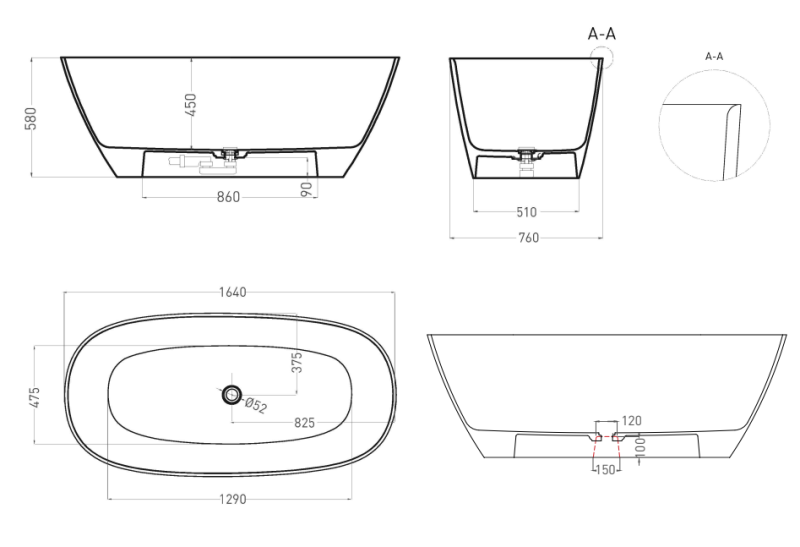 Ванна из искусственного камня Salini Sofia Light S-Sense 103611GRH 165x75см без перелива RAL снаружи