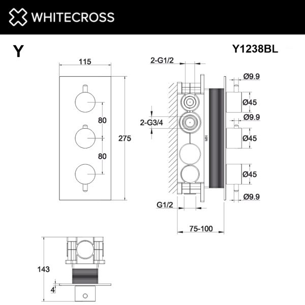 Смеситель термостат скрытого монтажа на 3 потребителя WHITECROSS Y Y1238GL золото