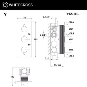 Смеситель термостат скрытого монтажа на 3 потребителя WHITECROSS Y Y1238GM оружейная сталь