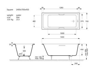 Ванна чугунная Vinsent Veron Square VSQ1407045H/VH0012CH 140х70 см