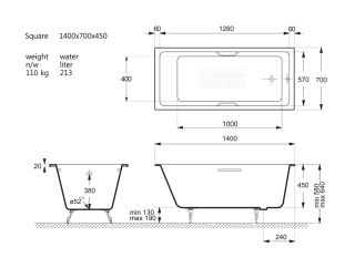Ванна чугунная Vinsent Veron Square VSQ1407045H/VH0012NI-AS с ручками никель 140х70 см