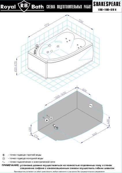 Гидромассажная ванна Royal Bath Shakespeare Comfort 170x110см правая белый RB652100CM-R