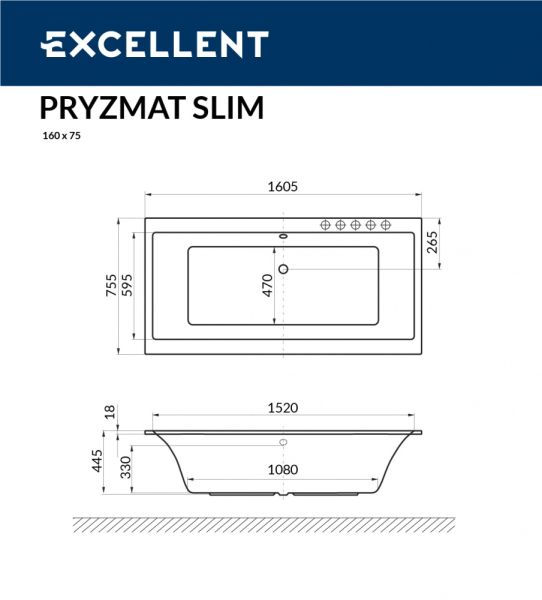 Ванна акриловая EXCELLENT Pryzmat Slim 160x75