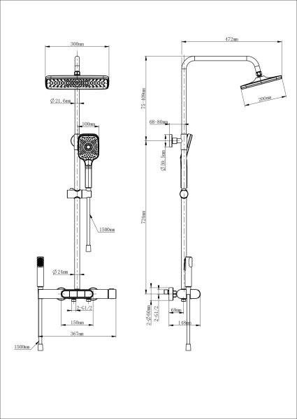 Душевая стойка Wonzon & Woghand Muse Legato WW-B4129-MB с термостатом чёрный матовый