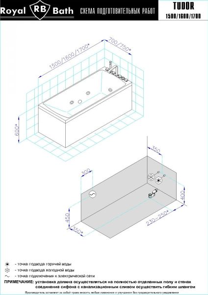 Гидромассажная ванна Royal Bath Tudor Standart 170x75см белый RB407701ST