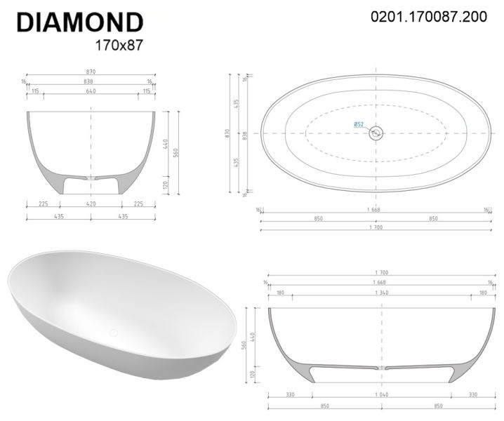 Ванна из искусственного камня Whitecross Diamond 0201.170087.200 170x87см белый матовый
