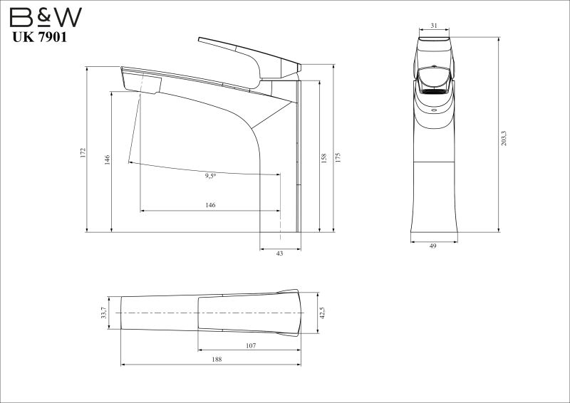 Смеситель для раковины Black&White Universe 7901B с выдвижным изливом чёрный матовый