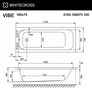 Гидромассажная ванна WHITECROSS Vibe 0105.180075.100.RELAX.CR 180x75 см Relax хром