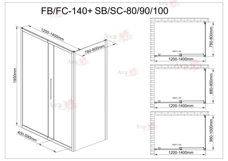 Душевой уголок AvaCan FB 120-140 + SB 80 MT чёрный