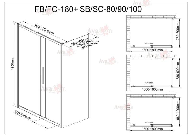 Душевой уголок AvaCan FС 160-180 + SС90 MT хром