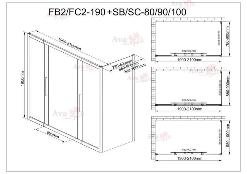Душевой уголок AvaCan FB2 190-210 + SB90 MT чёрный Душевой уголок AvaCan FB2 190-210 + SB90 MT чёрный