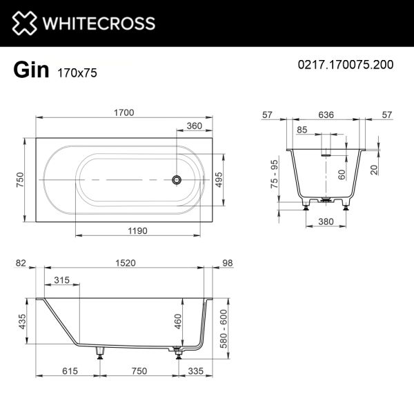 Ванна из искусственного камня WHITECROSS Gin 0217.170075.200 170x75 см белый матовый