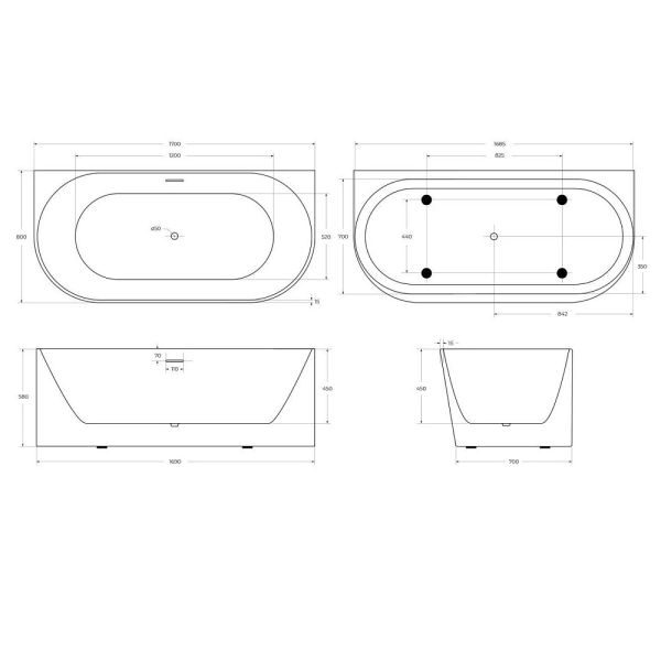 Акриловая ванна BelBagno 170x80 BB412-1700-800-MATT без гидромассажа
