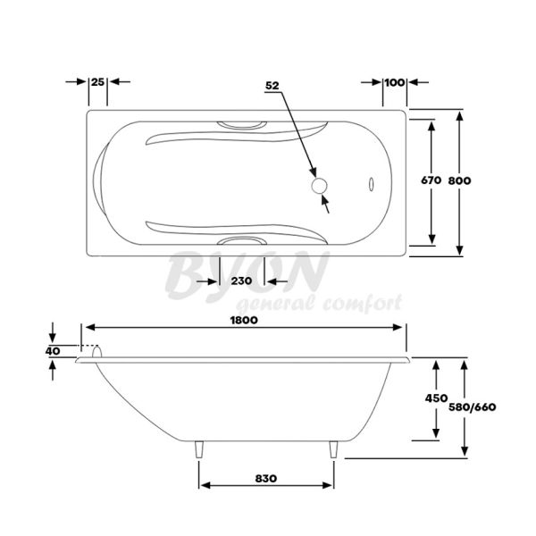 Ванна чугунная Byon Christa 180x80x45 см с ручками