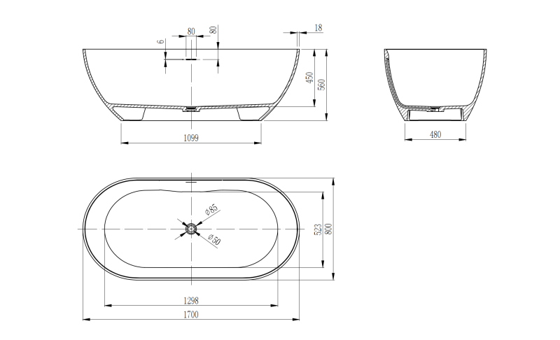 Ванна из искусственного камня Vincea VBT-4S04MW 170x80см белый матовый