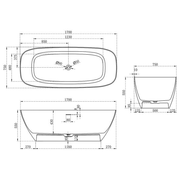 Ванна из искусственного камня Vincea VBT-6S02MW 170x75 Белая матовая без гидромассажа